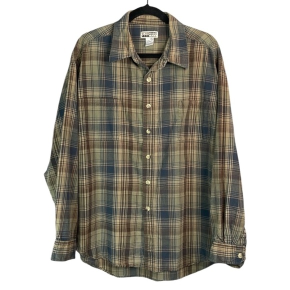 VINTAGE 90s Eldorado Reserve Mens Plaid Button Up Shirt Taupe Blue Cotton XXL - Picture 2 of 12